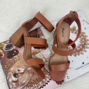 Women's Qupid Faux Leather Multi Strap Block Heel Sandals - Camel